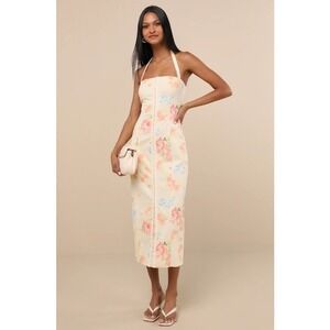 Lulus Pale Yellow Floral Halter Midi Dress Hook and Eye Front Small NWT